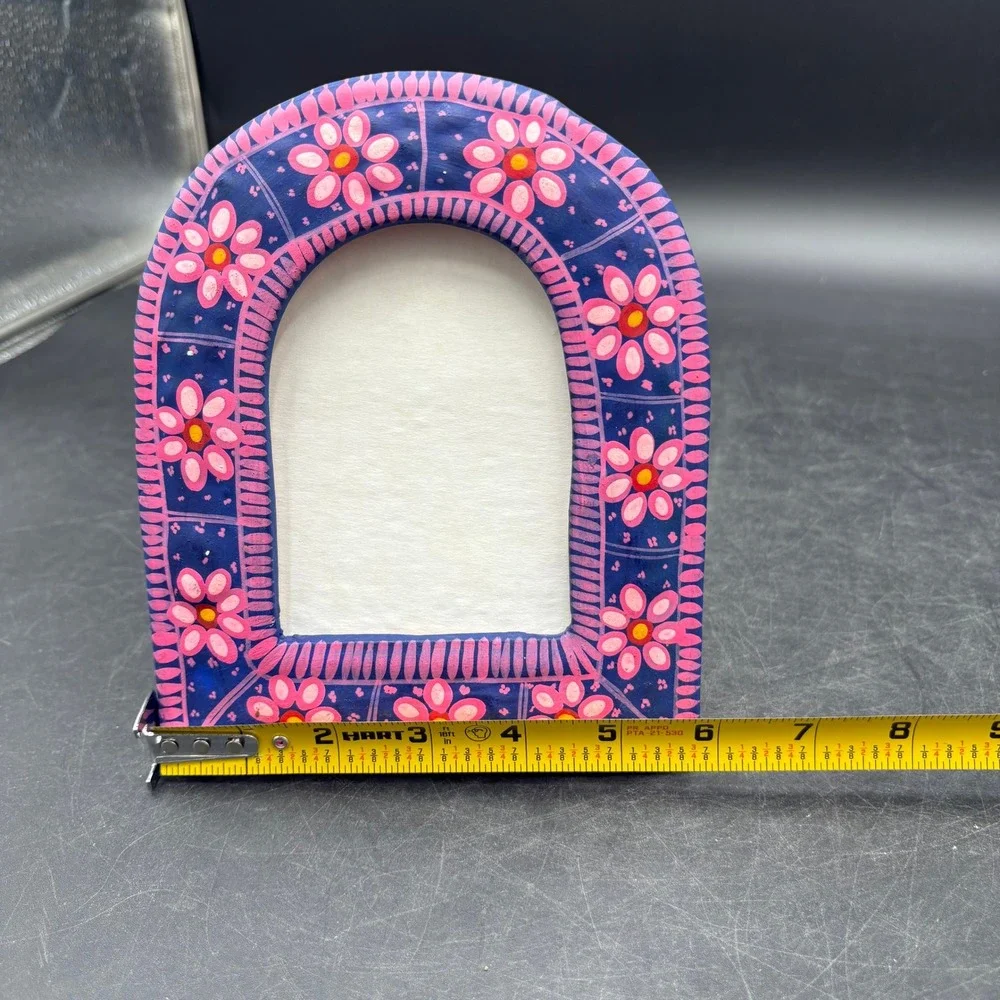 Mexican Folk Art Terra Cotta Picture Frame Hand Painted Blue Pink Floral Arched